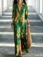 Blue Tone Printed Chiffon Turn-down Collar Split Resort Beach Dress - Image 7