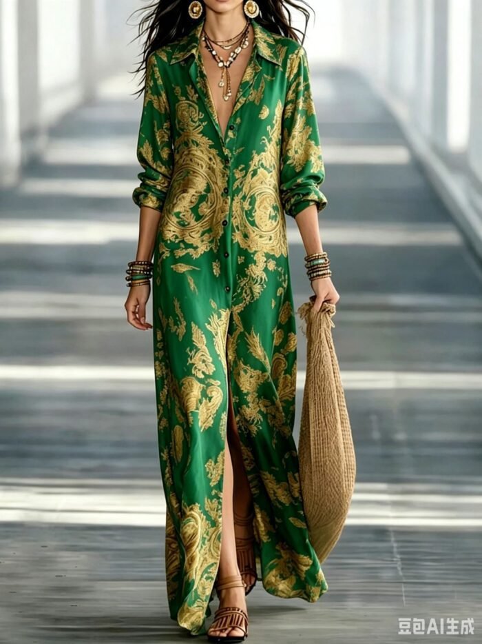 Blue Tone Printed Chiffon Turn-down Collar Split Resort Beach Dress - Image 7