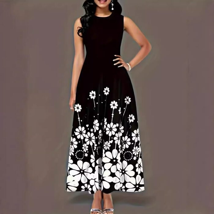580007081 Printed Sleeveless Loose Round Neck Simple Elegant Dress - Image 1