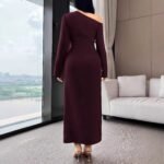 Elegant Red Asymmetrical Neck Long Sleeve Dress for Women Pleated Waist-Fitted Bodycon Style, Chic and Sophisticated Design - Image 2