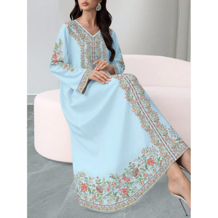 Women's Plant Flower Printed Fashion Casual Loose Horn V-neck Long Dress for Women - Image 5