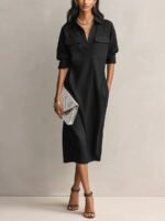 Elegant and Sophisticated Office Casual Fashion Fitted Comfortable Solid Color Mid-Length Dress - Image 6