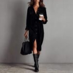 Classic Solid Color Corduroy Long Sleeve Turn-down Collar Shirt Loose Long Dress - Image 5