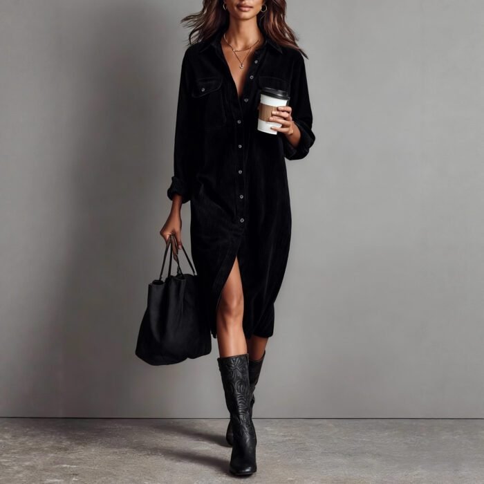 Classic Solid Color Corduroy Long Sleeve Turn-down Collar Shirt Loose Long Dress - Image 5