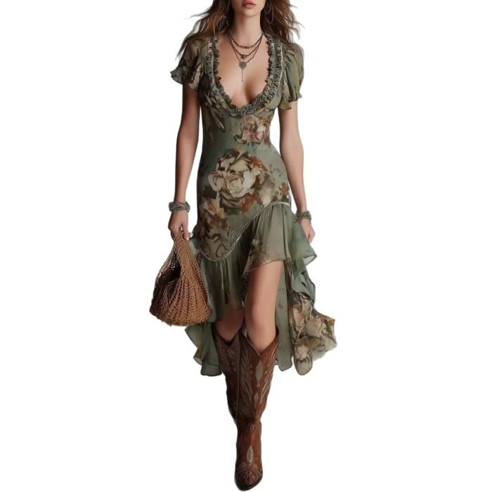 Vintage Oil Painting Print Irregular Hem Ruffle Sleeveless Fitted Western Style Long Dress - Image 5