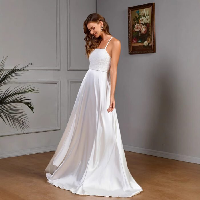Sleeveless strapless white satin wedding evening dress - Image 3