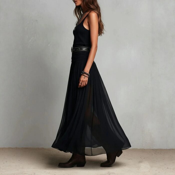 Summer New Black Strap Long Dress for Women, Mesh Dress with Belt - Image 4