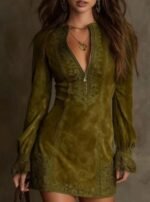 Elegant Long Sleeve Zipper Lace Trim Fitted Midi Dress for Women - Image 8