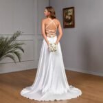 Sleeveless strapless white satin wedding evening dress - Image 2