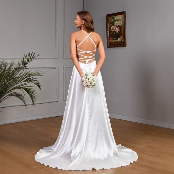 Sleeveless strapless white satin wedding evening dress - Image 2