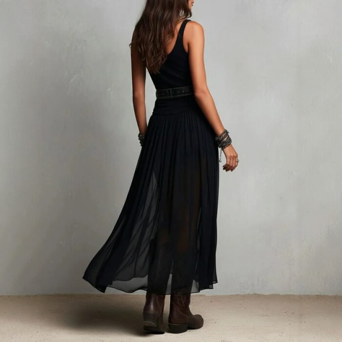 Summer New Black Strap Long Dress for Women, Mesh Dress with Belt - Image 2