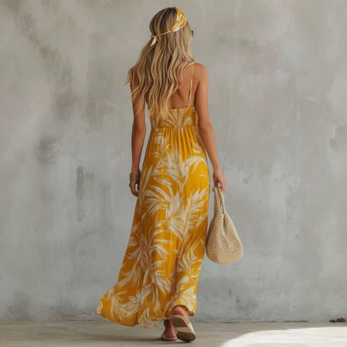 Summer New Vacation Style Printed V-Neck Strap Long Dress for Women Beach Dress - Image 3