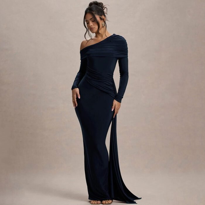 Women's formal dress with slanted collar and long sleeves - Image 6