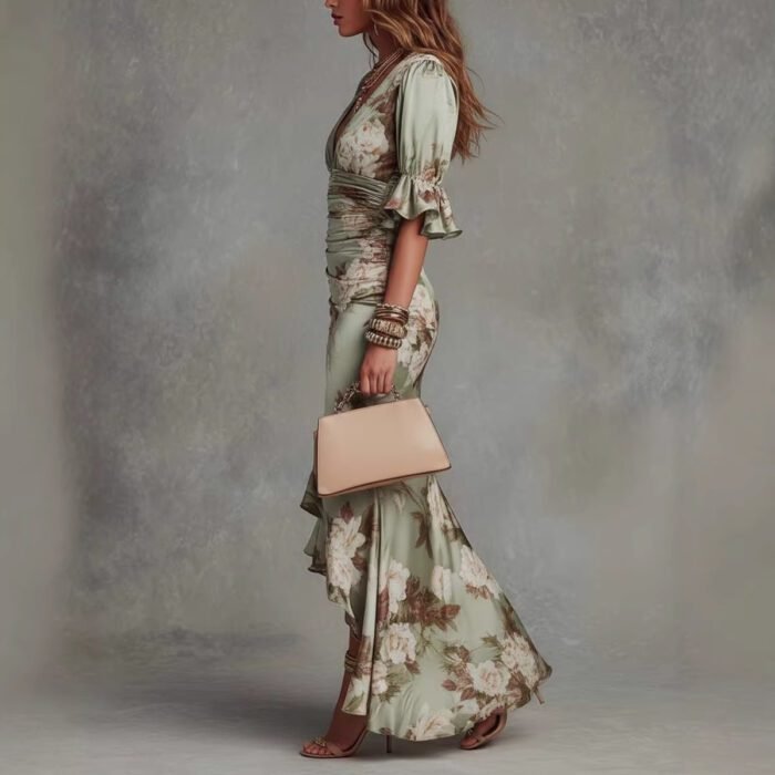 Elegant Long Dress with V-Neck, Fitted Silhouette, Floral Print and Ruffle Hem - Image 2