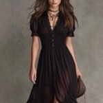 Cropped V-Neck Shirt Dress with Ruffled Hem and Side Slit, Dark Chic Style, Body-Con Fit, Long Skirt - Image 2