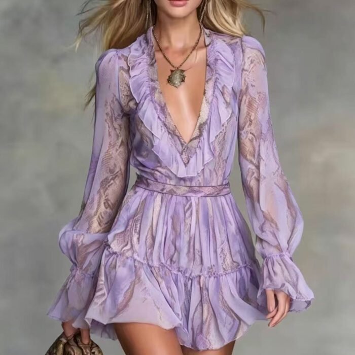 Bohemian Snake Print Long Sleeve V-Neck Ruffle Hem Fitted Sheath Dress - Image 4
