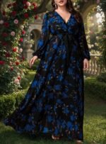 Oversize Printed Bohemian V-Neck Long Sleeve Flared Elegant Dress - Image 7