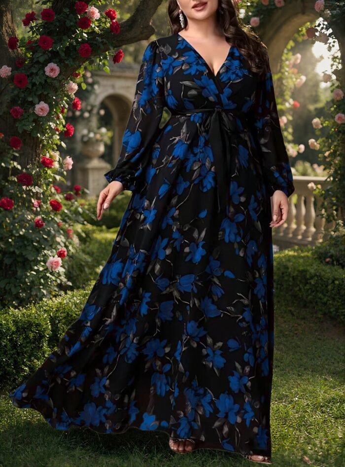 Oversize Printed Bohemian V-Neck Long Sleeve Flared Elegant Dress - Image 7