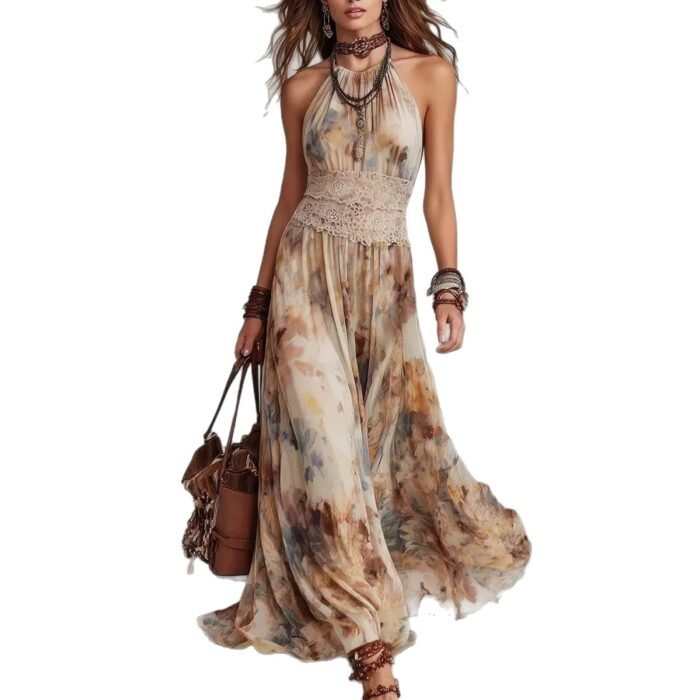 French Vintage Painted Floral Backless Strapless Summer Beach Vacation Long Dress - Image 5
