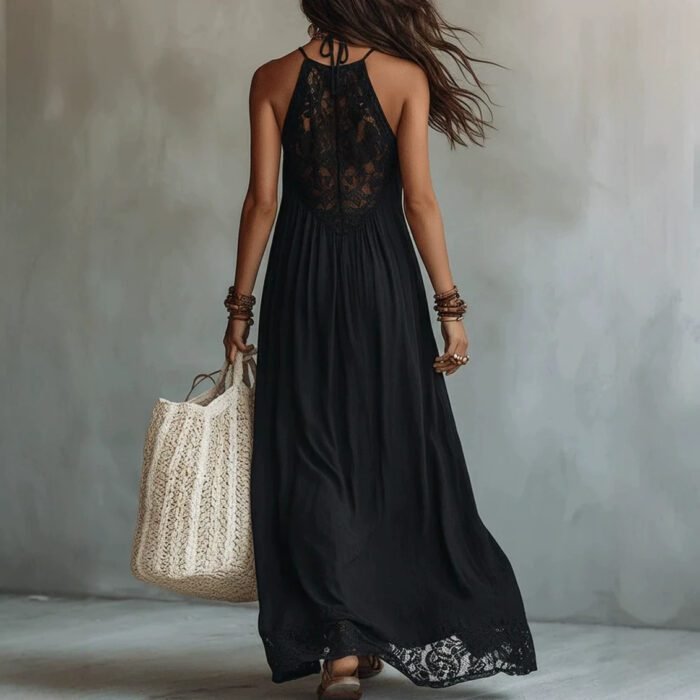Style Black Lace Trim Sleeveless Long Dress Loose Vacation Style Maxi Dress Lace Dress - Image 2