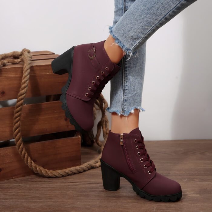 Chunky Heel Women's Leather Boots Low Cuff Round Toe High Heel Lace-Up Style with Heightening and Slimming Effect - Image 11