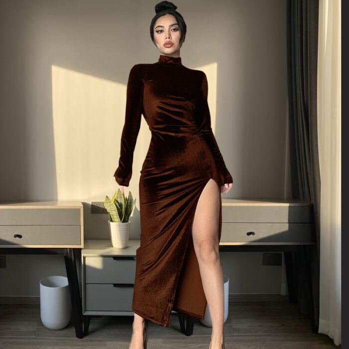 Women's High Neck Long Velvet Dress with Pleats and Slit Fitted SilhouetteAutumn/Winter Fashion - Image 11
