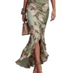 Elegant Long Dress with V-Neck, Fitted Silhouette, Floral Print and Ruffle Hem - Image 5