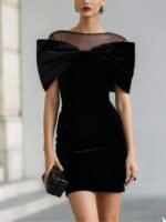 Chic Office Women's One-Shoulder Off-the-Shoulder Velvet Dress with Gold Thread - Image 8