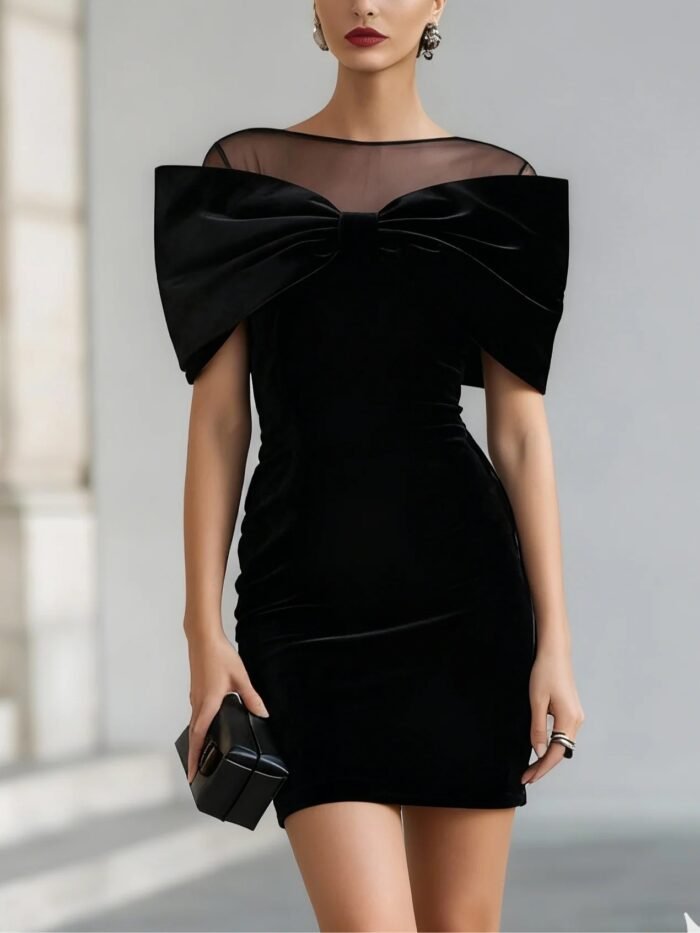 Chic Office Women's One-Shoulder Off-the-Shoulder Velvet Dress with Gold Thread - Image 8