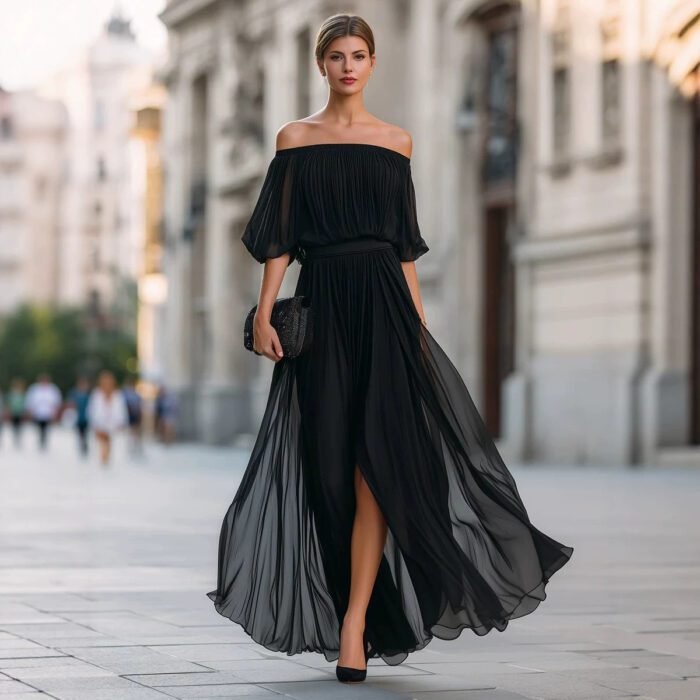 New Black Chiffon Maxi Dress with Split, One-Shoulder Design, Flowing and Draping Skirt - Image 2