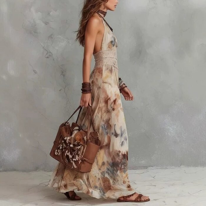 French Vintage Painted Floral Backless Strapless Summer Beach Vacation Long Dress - Image 3