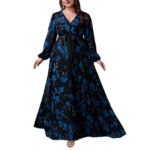 Oversize Printed Bohemian V-Neck Long Sleeve Flared Elegant Dress - Image 5