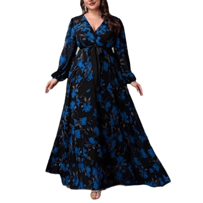 Oversize Printed Bohemian V-Neck Long Sleeve Flared Elegant Dress - Image 5