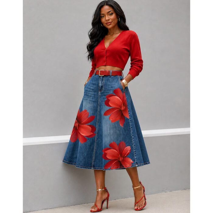 Style Floral Print Washed Denim High Waist Midi Skirt - Image 6