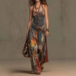 French Oil Painting Print Vintage Off-Shoulder Sexy Jumpsuit for Women Summer