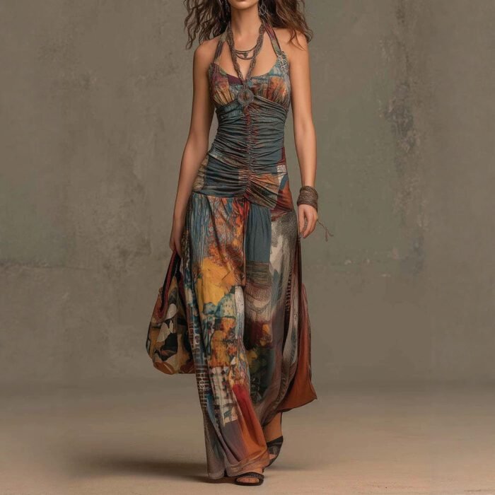 580006152 French Oil Painting Print Vintage Off-Shoulder Sexy Jumpsuit for Women Summer - Image 1