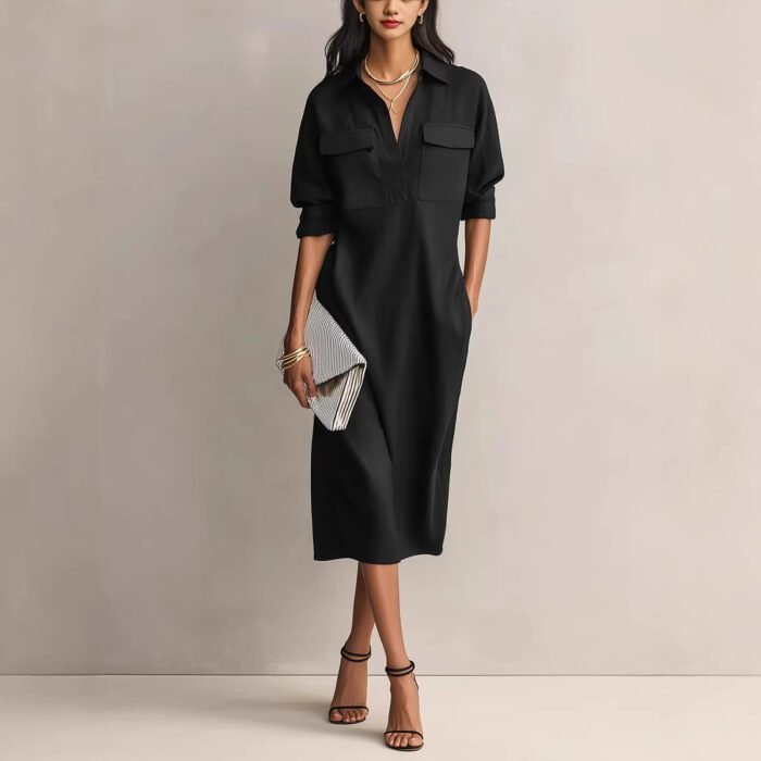 Elegant and Sophisticated Office Casual Fashion Fitted Comfortable Solid Color Mid-Length Dress - Image 3