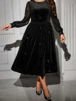 Velvet Dress with Lace Splicing Long SleeveWomen's Fashion Dress - Image 6