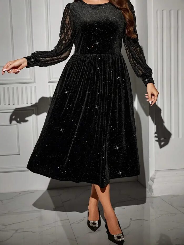 Velvet Dress with Lace Splicing Long SleeveWomen's Fashion Dress - Image 6