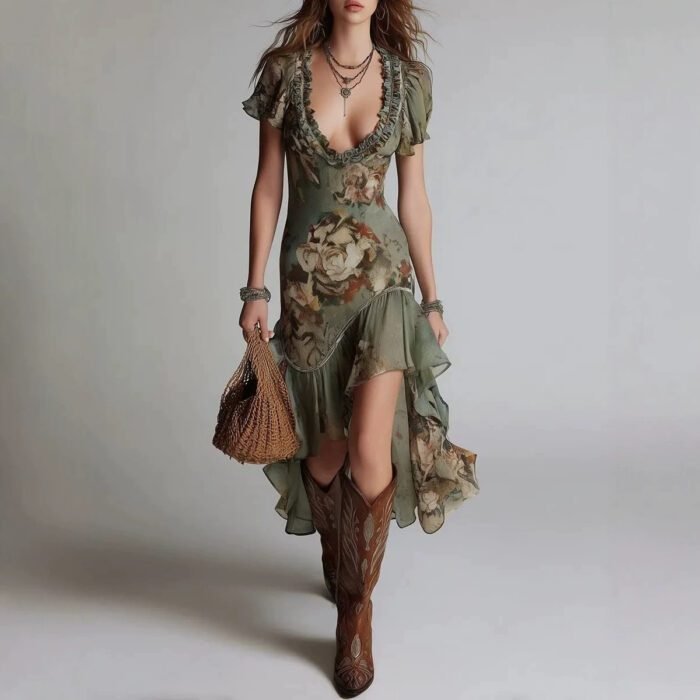 Vintage Oil Painting Print Irregular Hem Ruffle Sleeveless Fitted Western Style Long Dress - Image 6