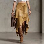 Retro Western Style Irregular Design Suede Skirt Solid Color Midi Skirt