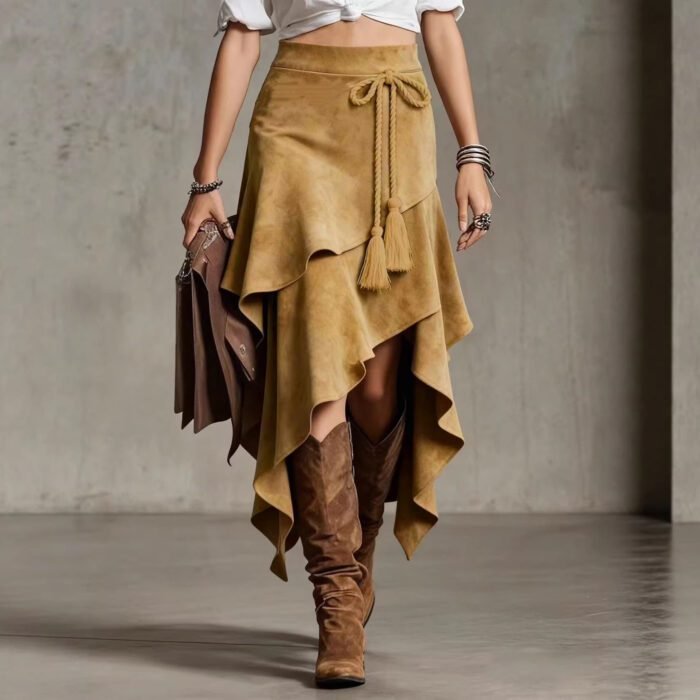 580006764 Retro Western Style Irregular Design Suede Skirt Solid Color Midi Skirt - Image 1