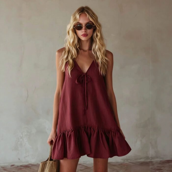Vintage Vacation Style V-Neck Sleeveless Ruffle Loose Dress - Image 4