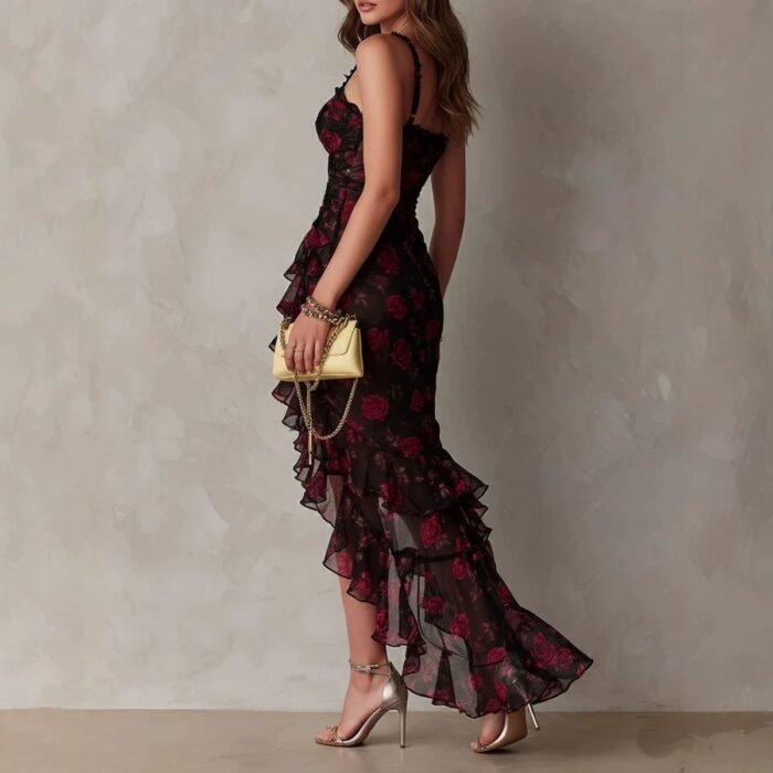Style Floral Print Strap Irregular Ruffle Hem A-Line Dress - Image 2