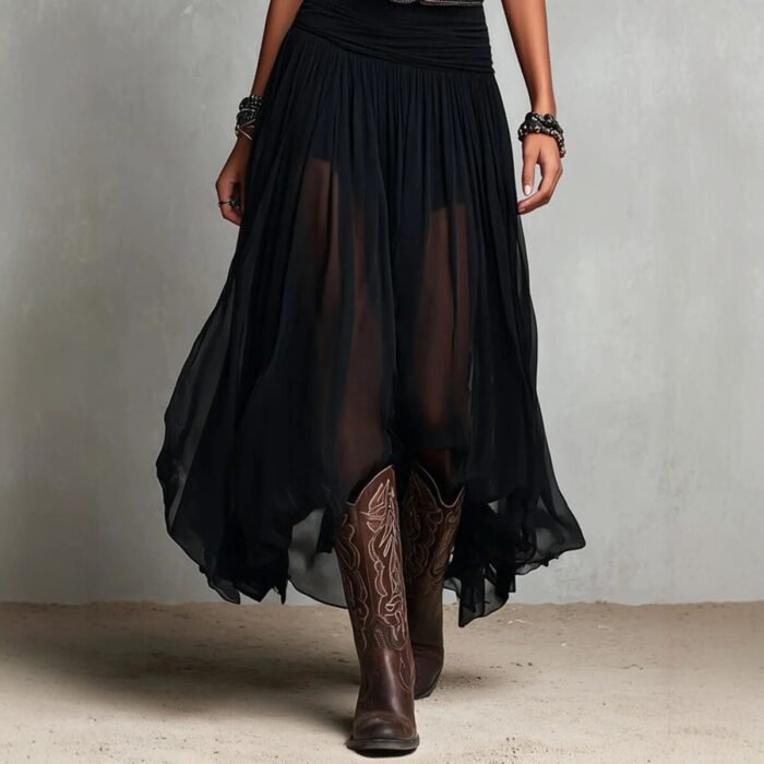 Summer New Black Strap Long Dress for Women, Mesh Dress with Belt - Image 3