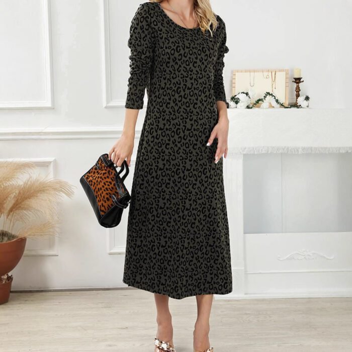 Fashion Women's Vintage Leopard Print Dress Round Neck Long Sleeve Casual Midi Dress - Image 3