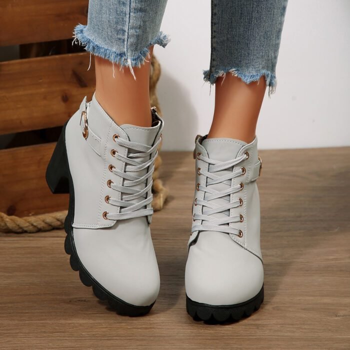 Chunky Heel Women's Leather Boots Low Cuff Round Toe High Heel Lace-Up Style with Heightening and Slimming Effect - Image 8