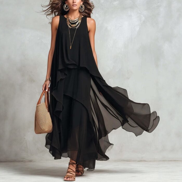 580006387 Chic Flowy Black Sleeveless Asymmetrical Chiffon Long Dress - Image 1