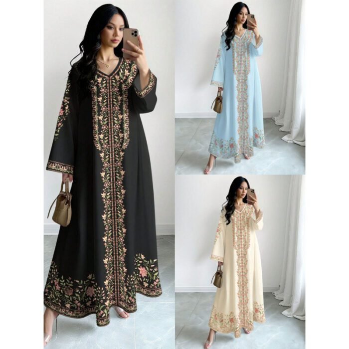 Women's Plant Flower Printed Fashion Casual Loose Horn V-neck Long Dress for Women - Image 7