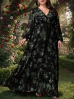 Oversize Printed Bohemian V-Neck Long Sleeve Flared Elegant Dress - Image 9